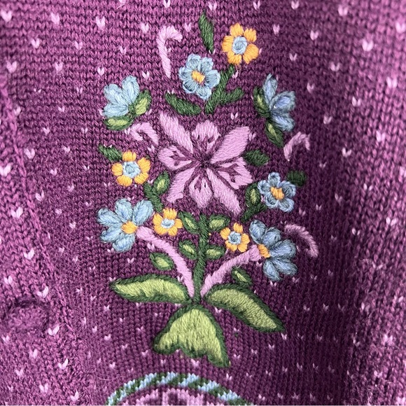 Herman Geist Vintage Hand Embroidered Purple Floral Wool Blend Cardigan Sweater - Picture 5 of 9